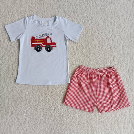 (Promotion)Boys fire truck embroideried summer outfits B3-13