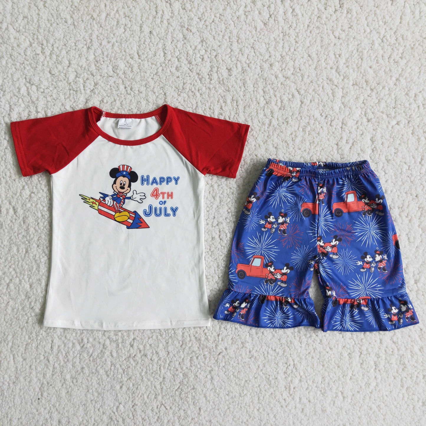 (Promotion)D10-28Cartoon Mouse Short sleeve ruffles shorts 4th of July outfits