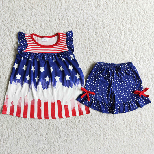 (Promotion)Short sleeve ruffles shorts 4th of July outfits D8-19