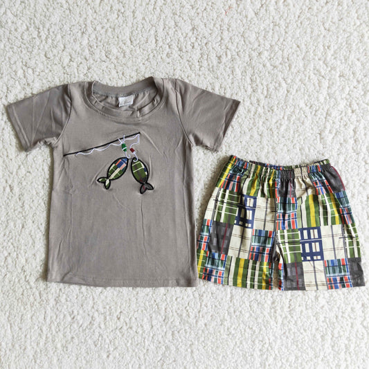 (Promotion)Boys grey cotton top fishing embroideried plaid summer outfits