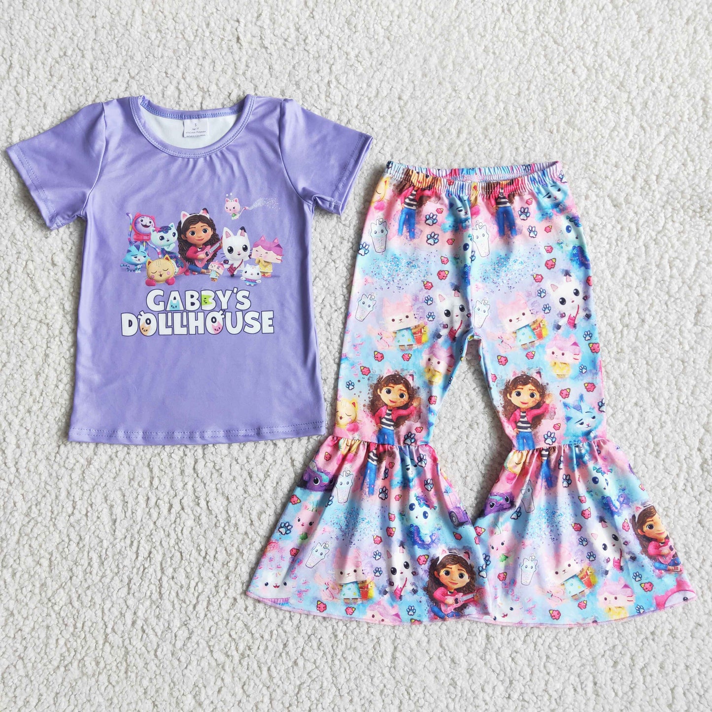 (Promotion)Girls purple cartoon print bell bottom pants outfits E5-13