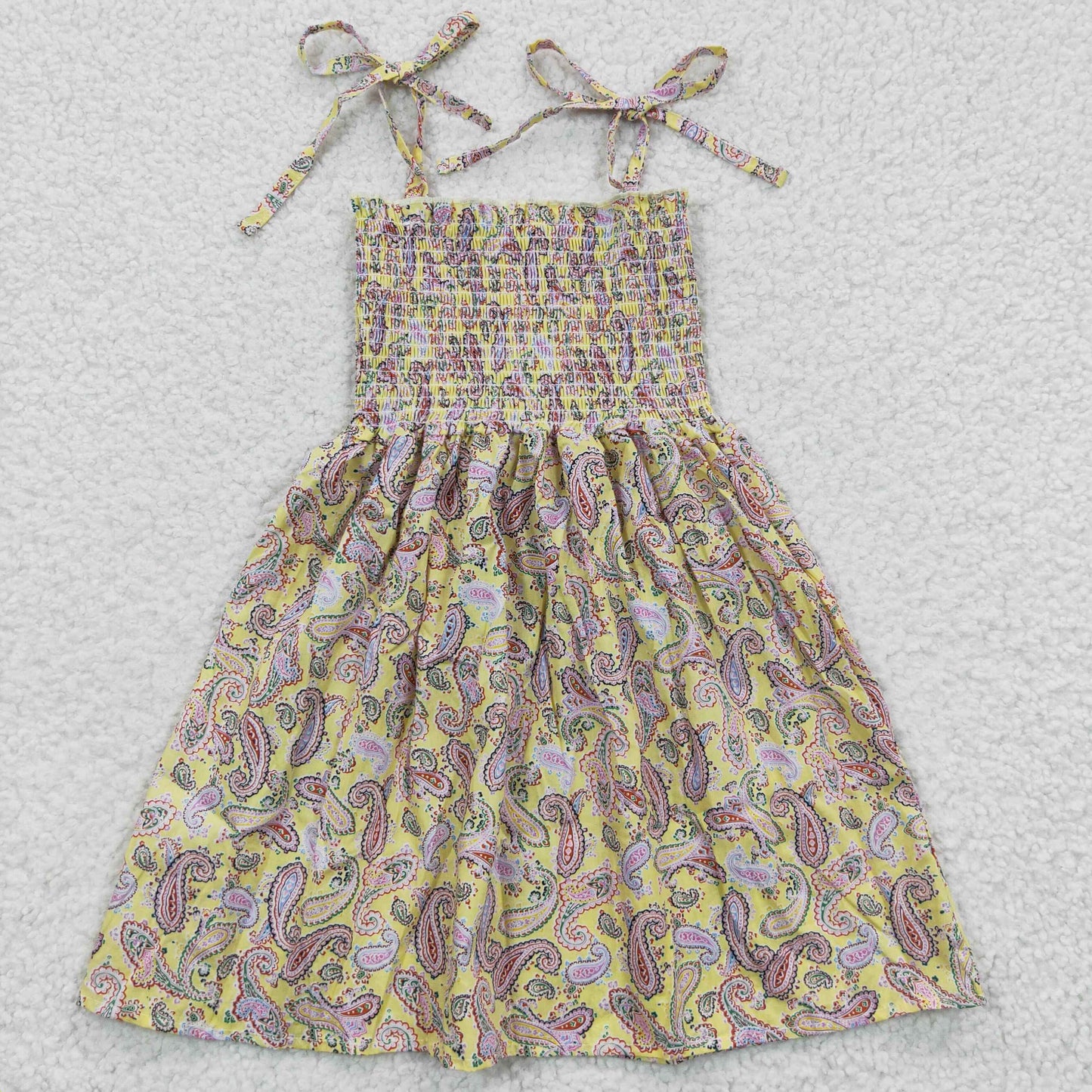 GSD0372 Girls spaghetti strap yellow pink paisley summer smocking dress