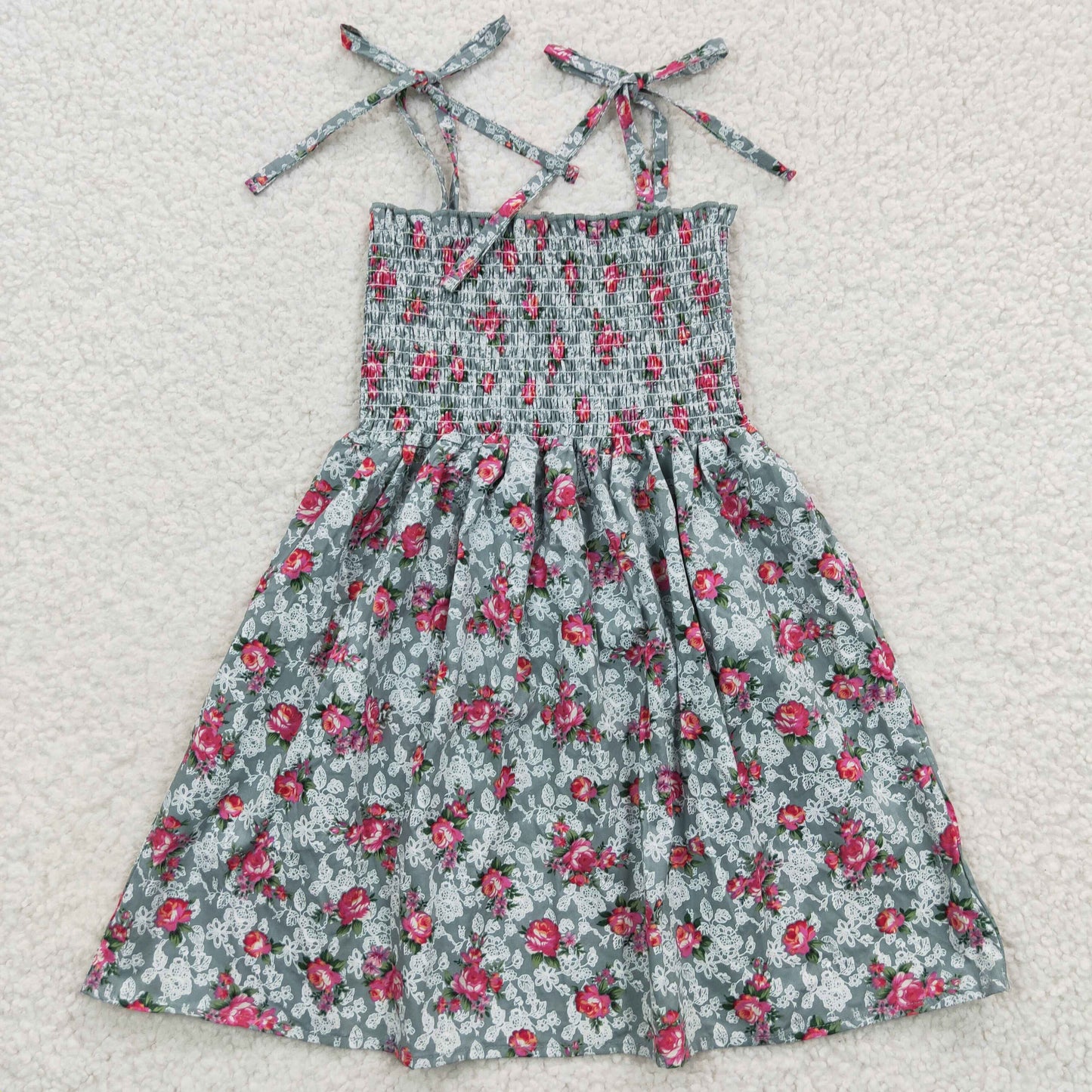 GSD0378 Girls spaghetti strap gray rose summer smocking dress