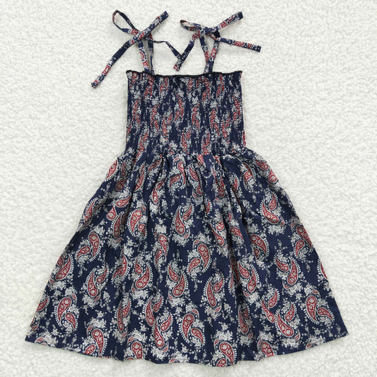 GSD0366 Girls spaghetti strap navy paisley summer smocking dress