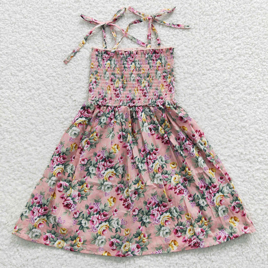 GSD0376 Girls spaghetti strap pink flowers summer smocking dress