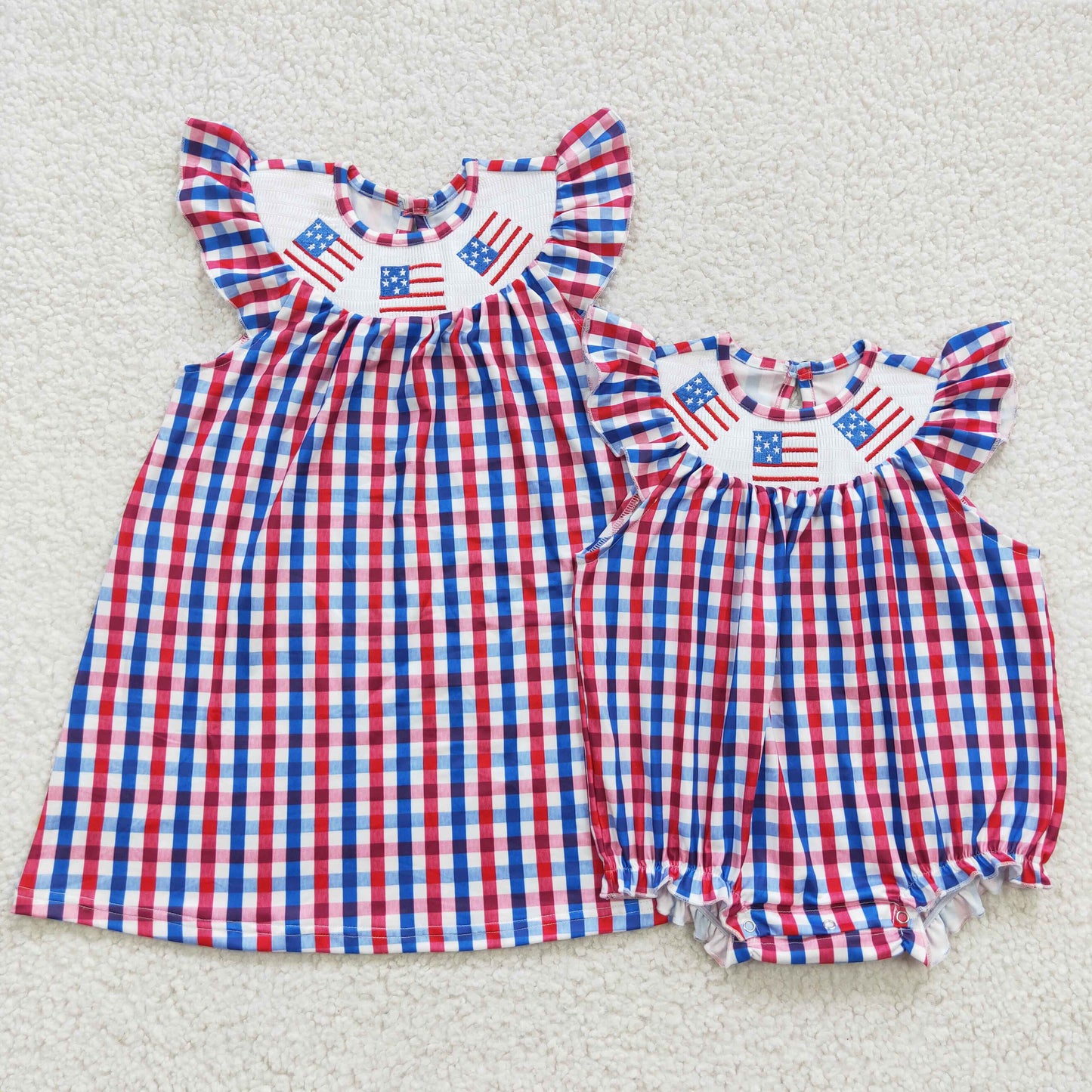 SR0388 Smocked gingham flag embroidery baby girls 4th of July romper