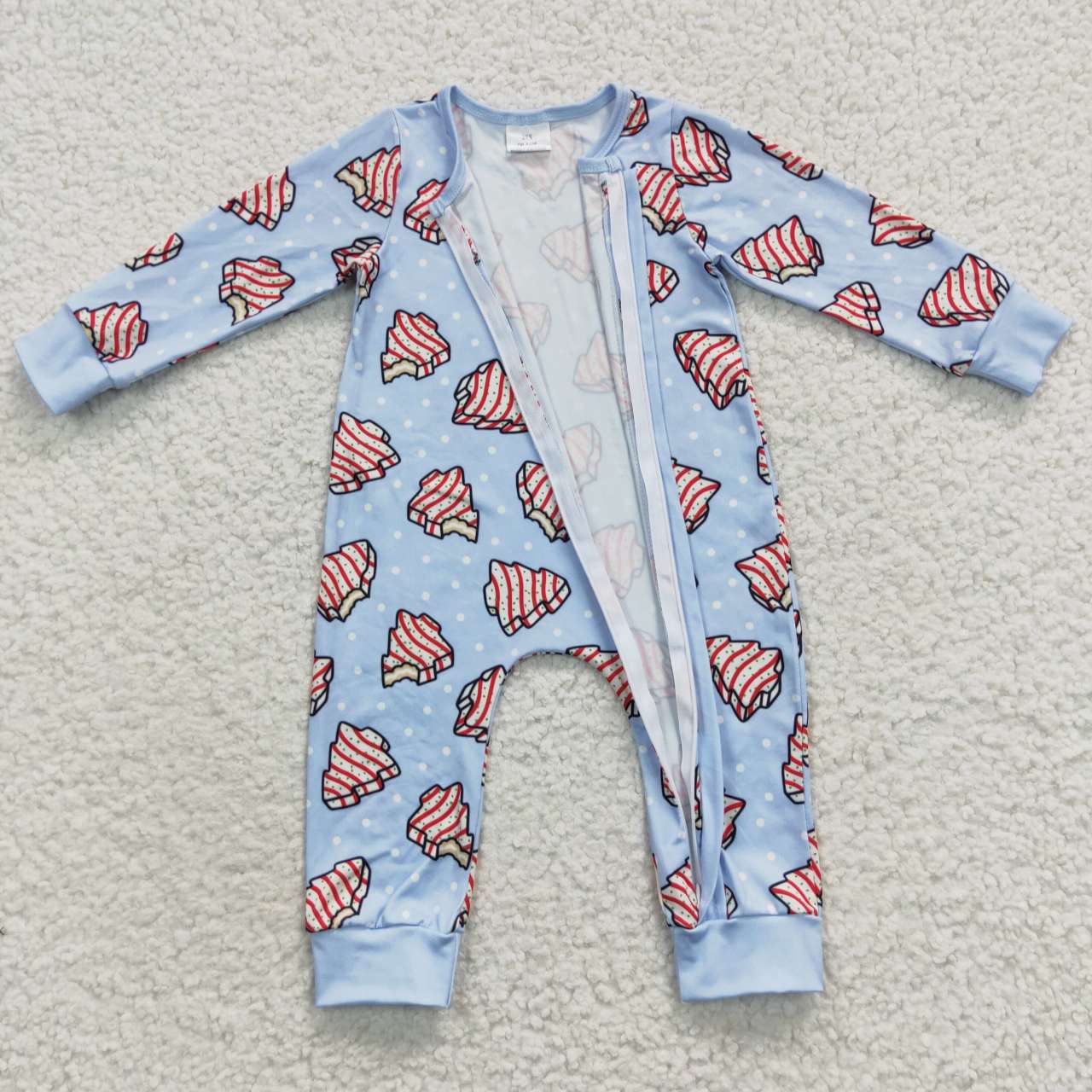 LR0345 Baby boys blue Christmas little debbie cakes zipper romper