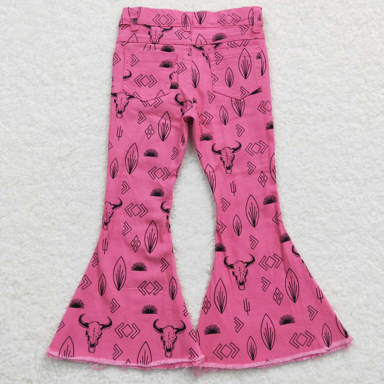 P0159   Girls hot pink cow print denim bell bottom western jeans