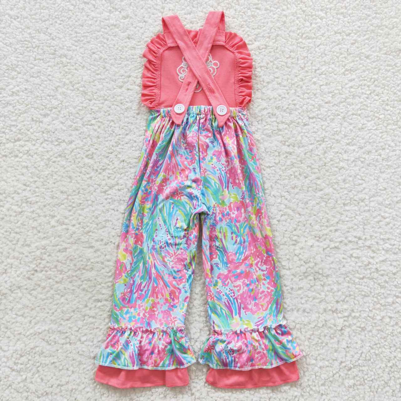 SR0404 Girls pink Christmas Santa embroidery ruffles overall jumpsuit