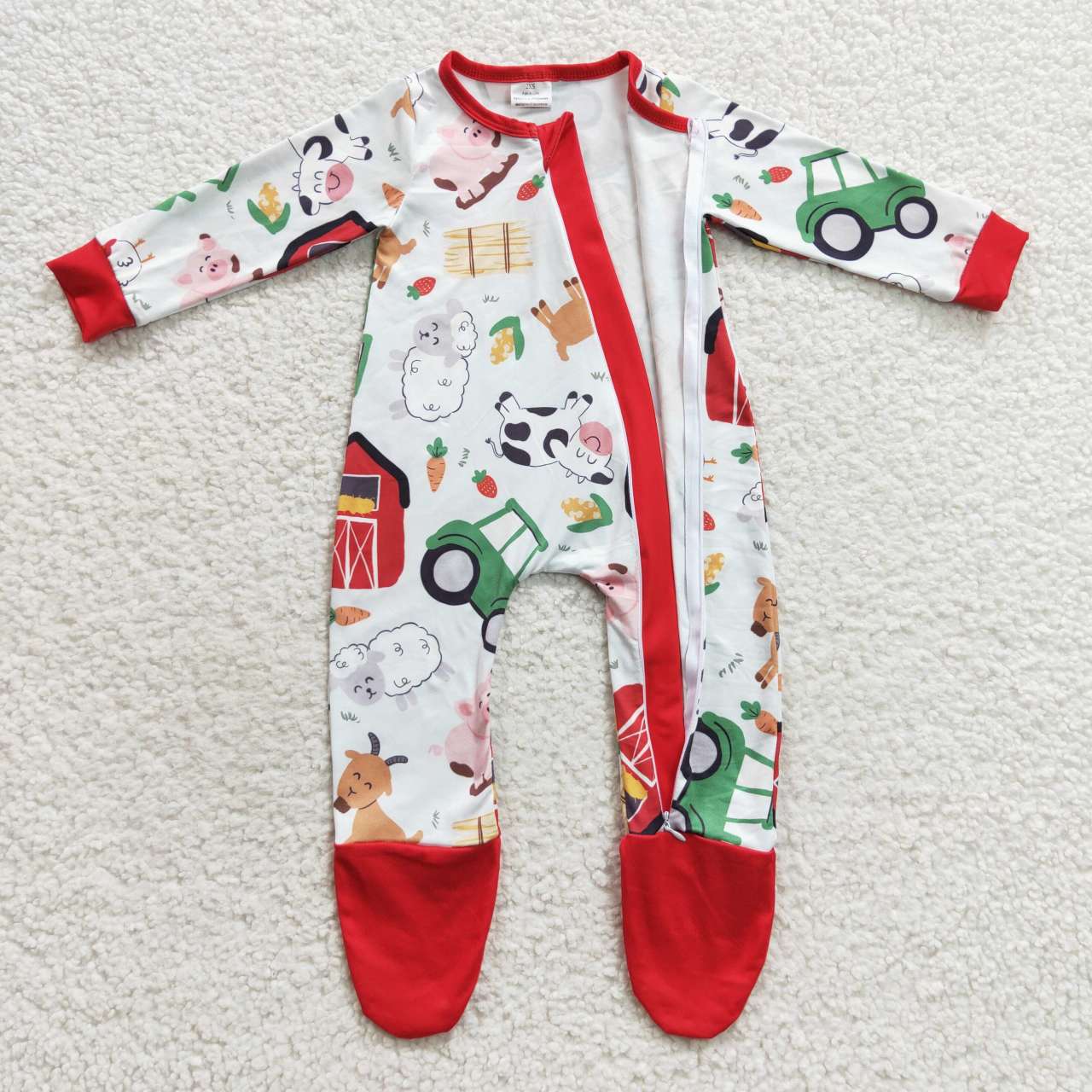 LR0379 Farm design animals print baby boys footed zipper romper