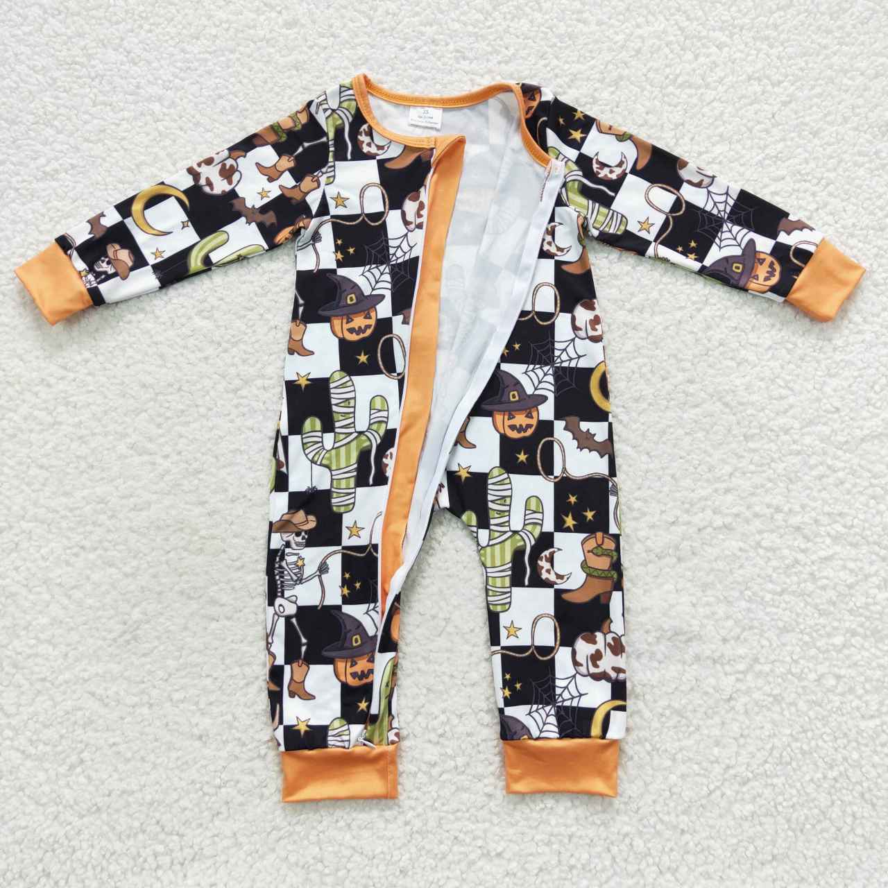 LR0404 Baby black gingham pumpkin western Halloween zipper romper