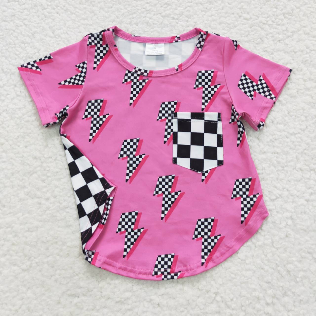 GT0227 Kids black plaid pocket pink Tshirts