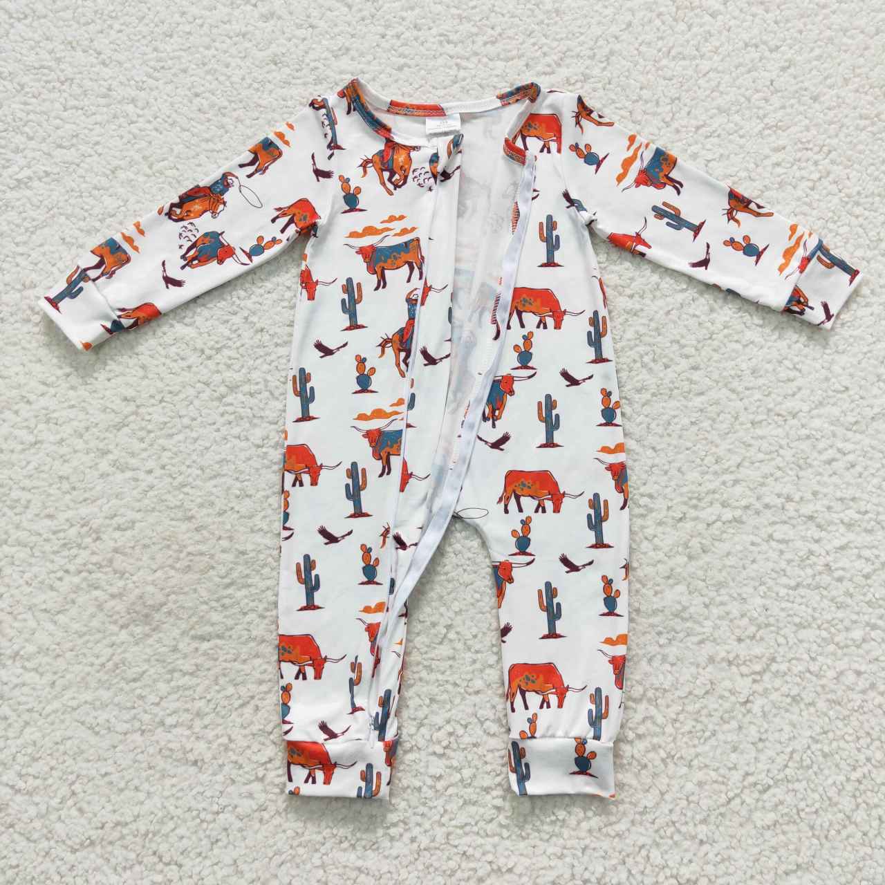 LR0341 Baby white cowboy zipper western romper