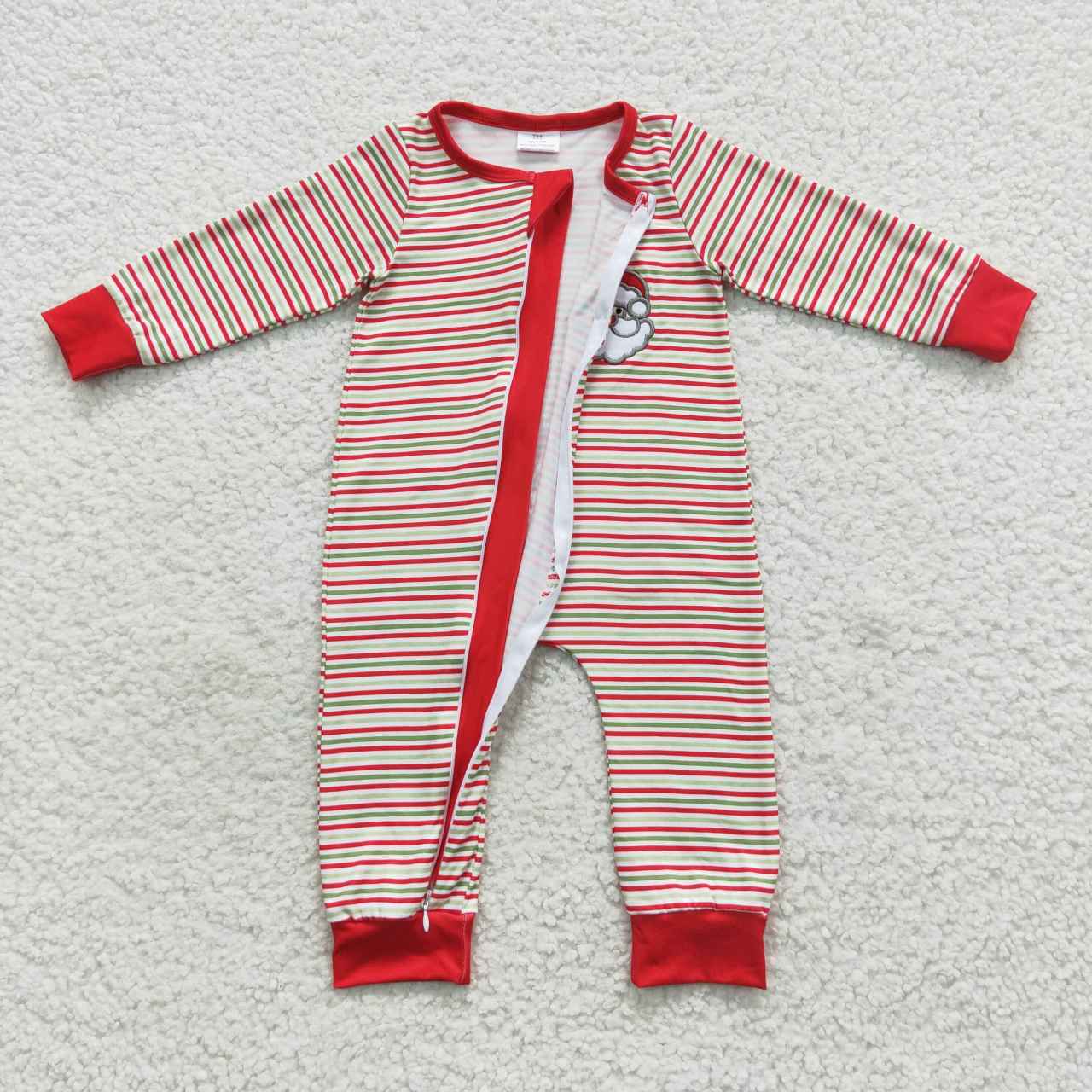 LR0442 Christmas santa embroidery stripes print baby boys zipper romper