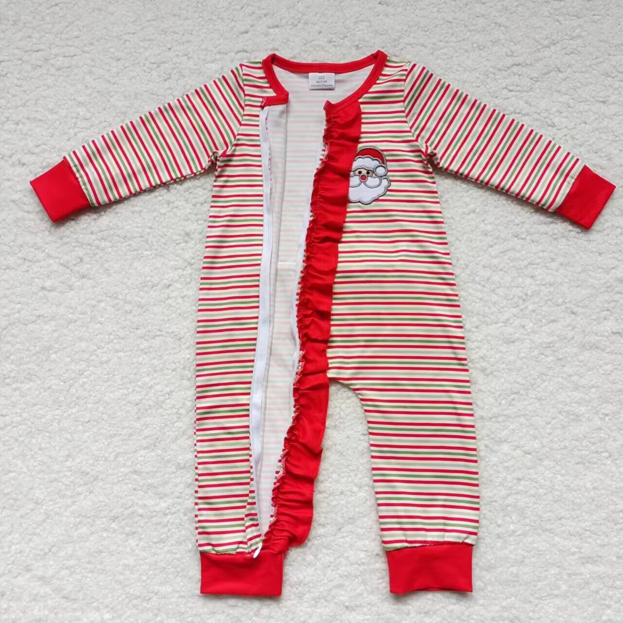 LR0441 Christmas santa embroidery stripes print baby girls zipper romper