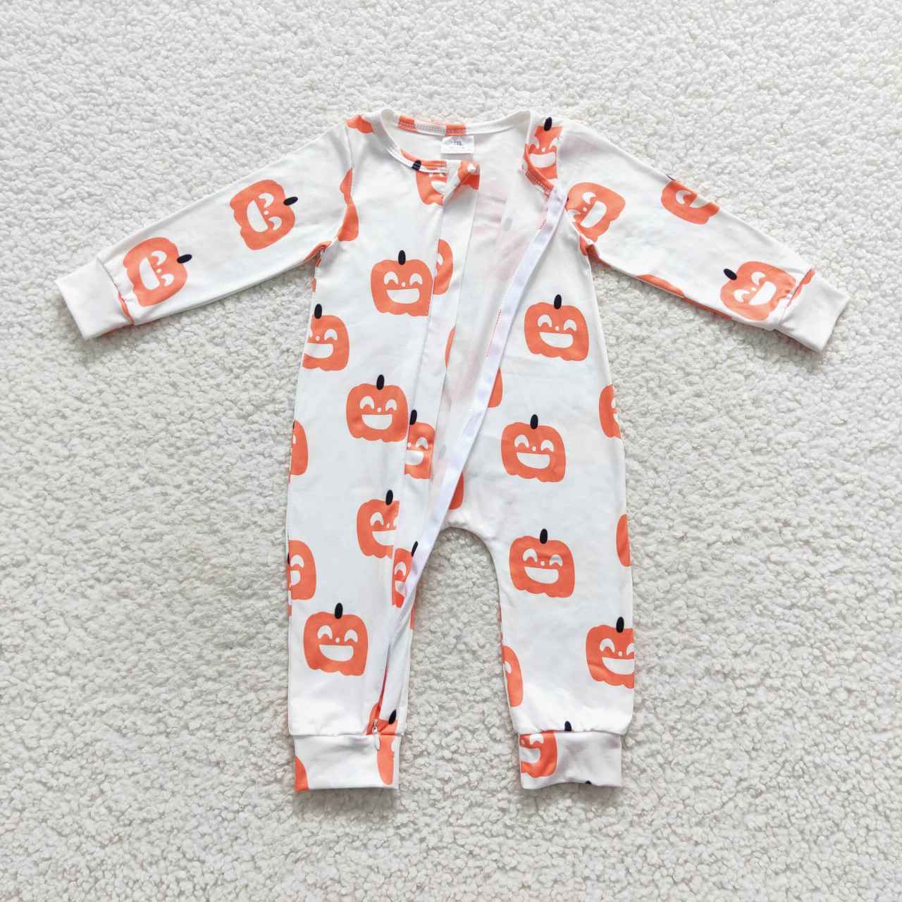 LR0495 Orange pumpkin print baby boys Halloween zipper romper