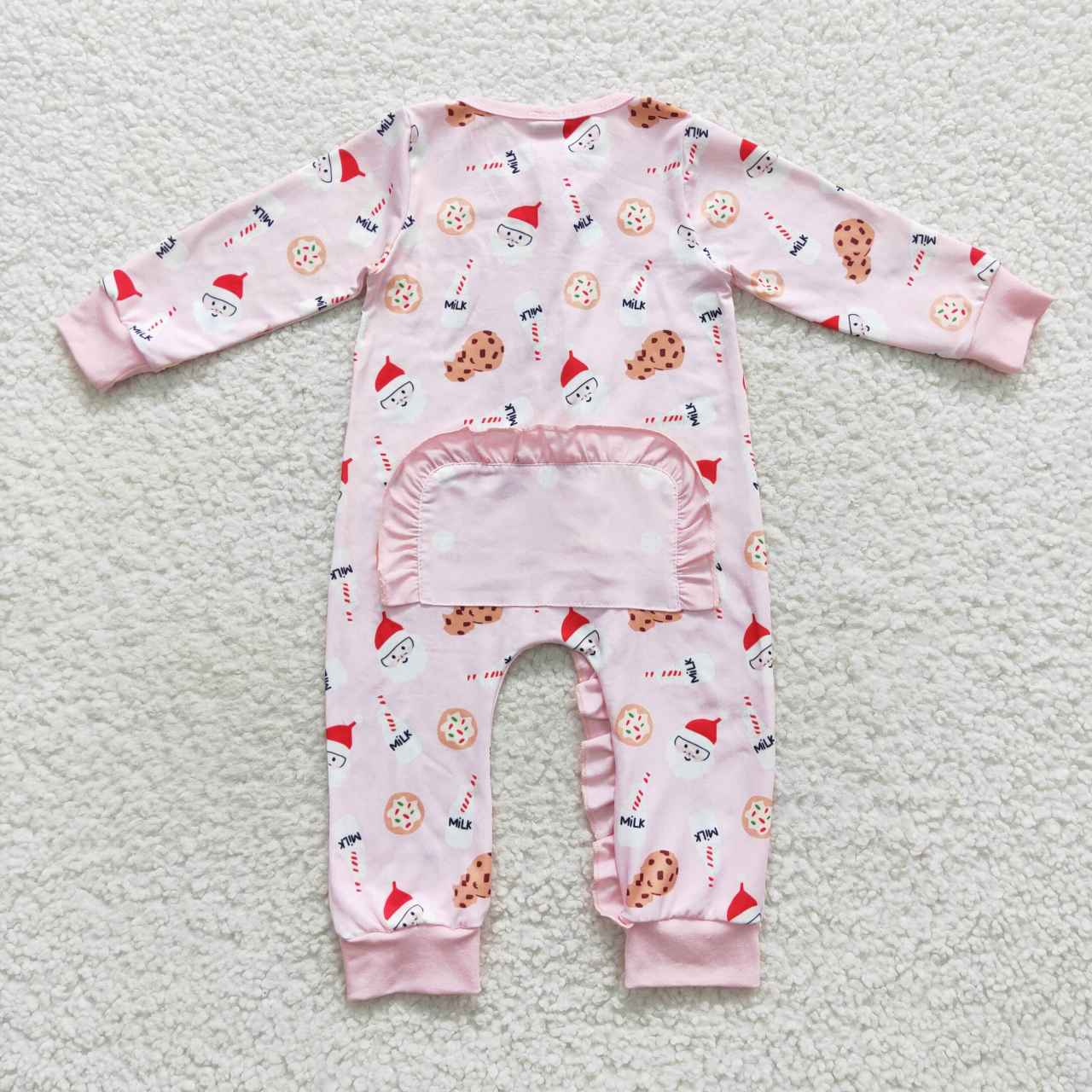 LR0471 Pink Christmas santa milk cookie print baby girls zipper romper