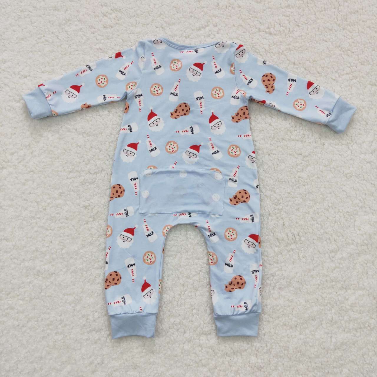 LR0472 Blue Christmas Santa milk cookie print baby boys zipper romper