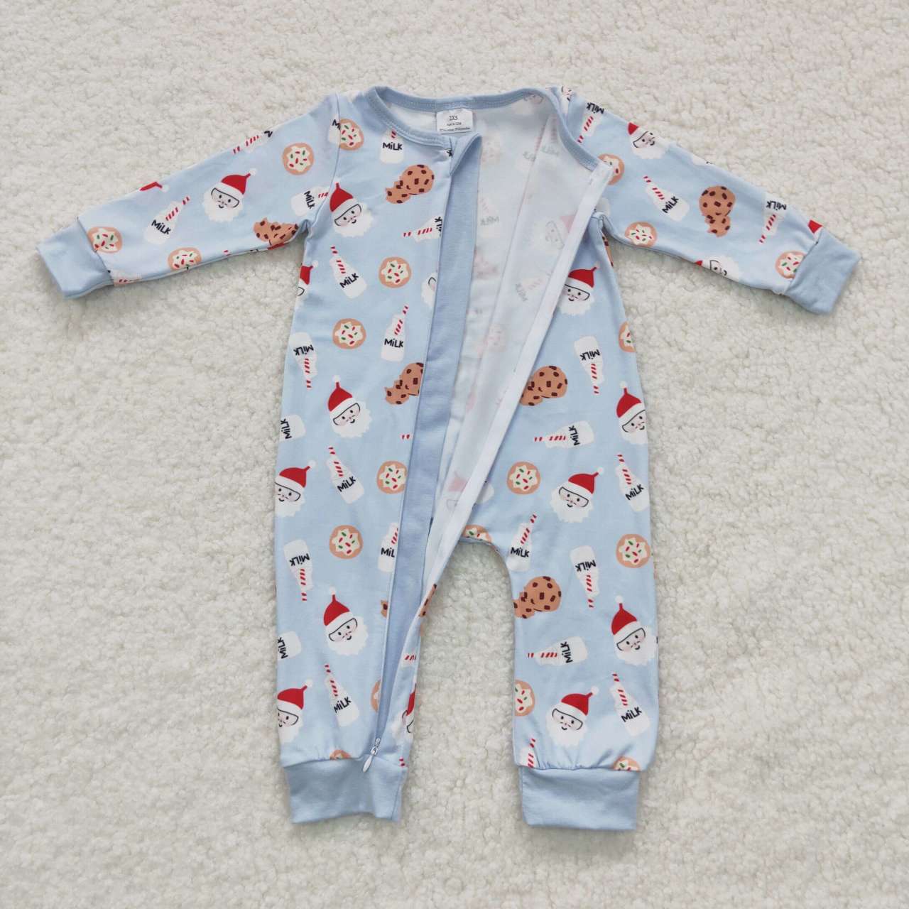 LR0472 Blue Christmas Santa milk cookie print baby boys zipper romper