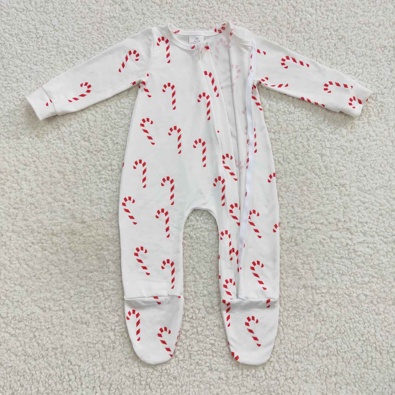 LR0551 Christmas candy cane print baby girls footed zipper romper