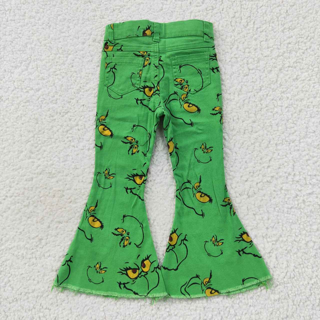 P0230   Girls green Christmas frog print denim bell bottom jeans Christmas pants