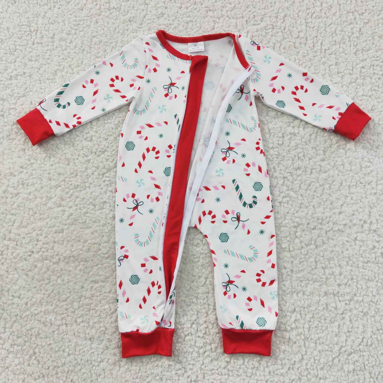 LR0506 Christmas candy cane baby boys zipper romper