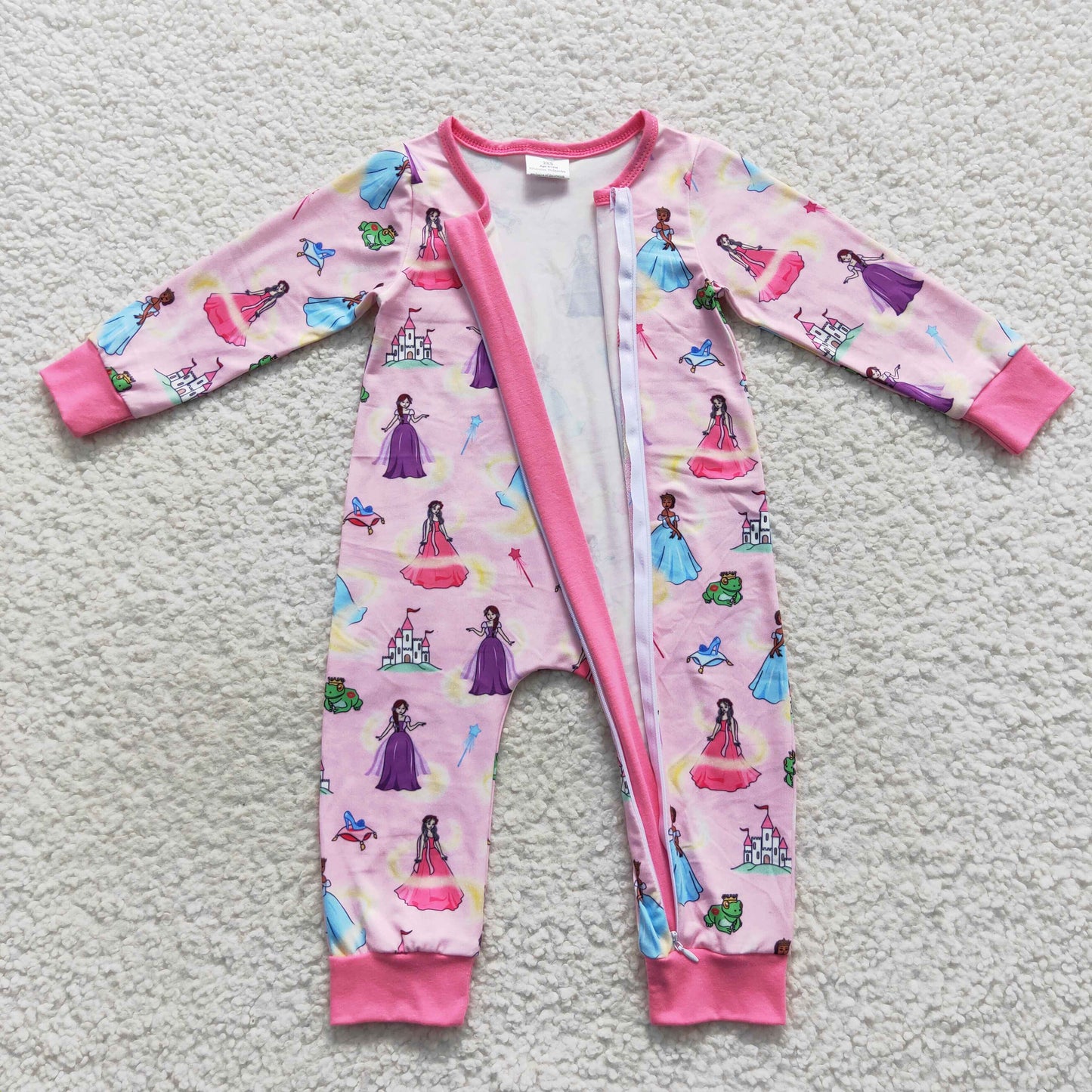 LR0468 Pink cartoon princess baby girls zipper romper