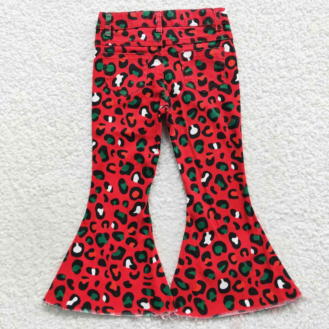 P0229   Girls red leopard print denim bell bottom jeans Christmas pants