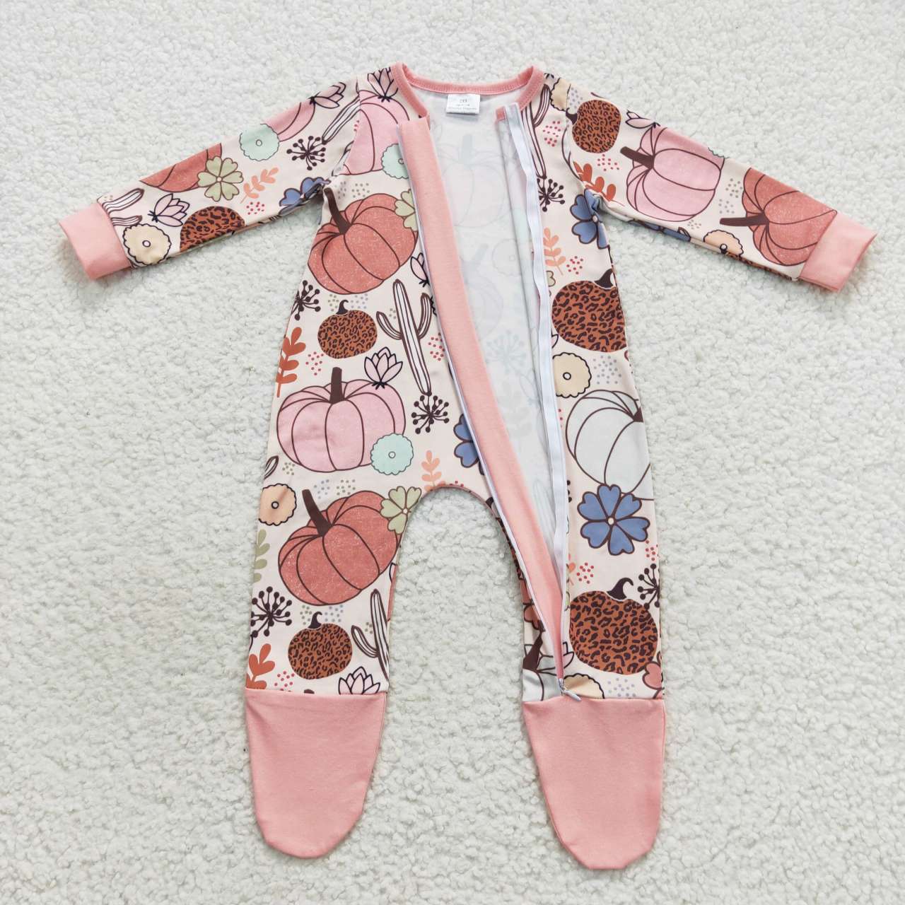 LR0553 Pink pumpkin print baby girls footed zipper romper