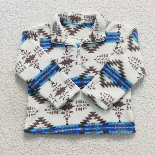 BT0354 Aztec Print Zip Winter Thick Pullover Kids Sherpa Western Top