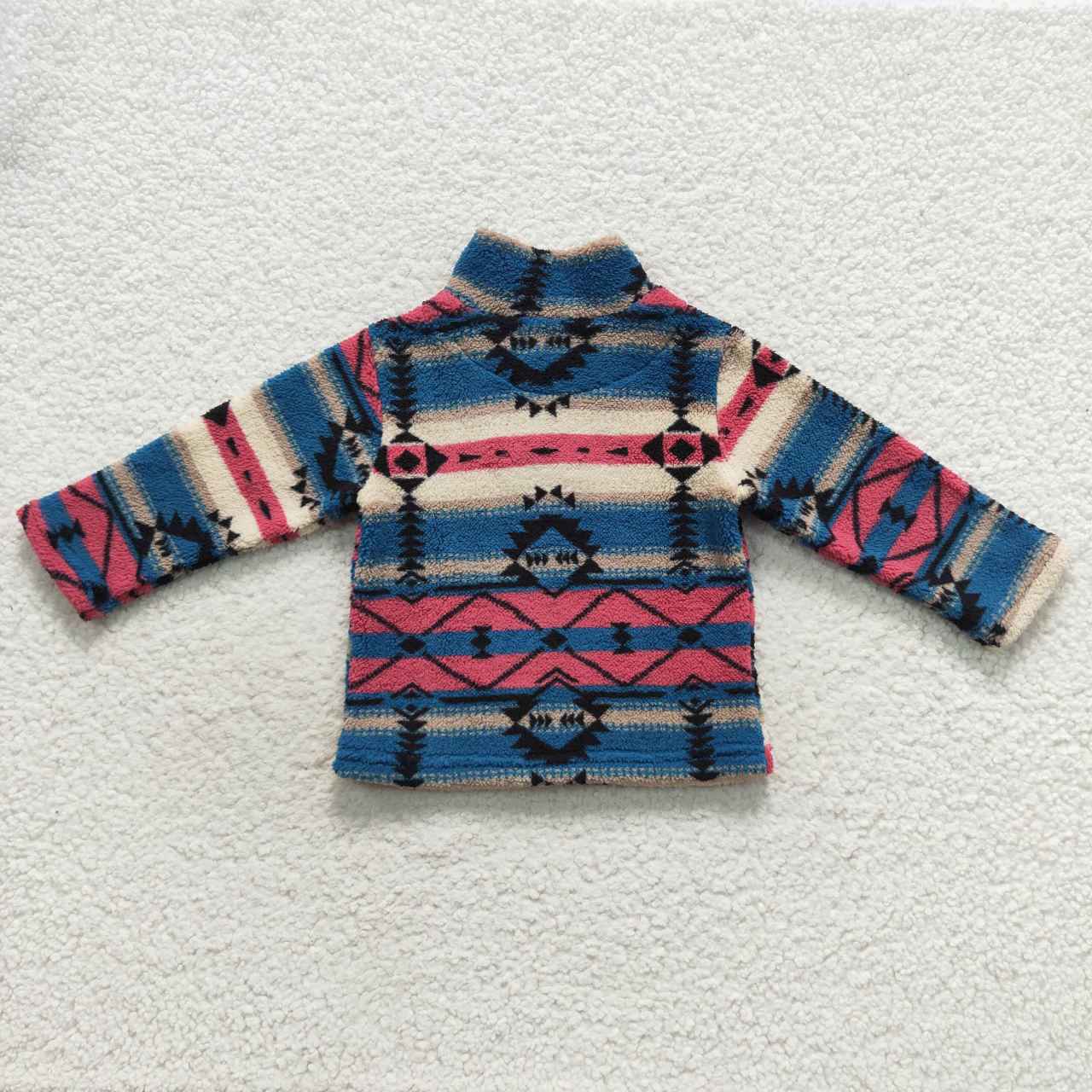 BT0353 Red Blue Aztec Print Zip Winter Thick Pullover Kids Sherpa Western Top