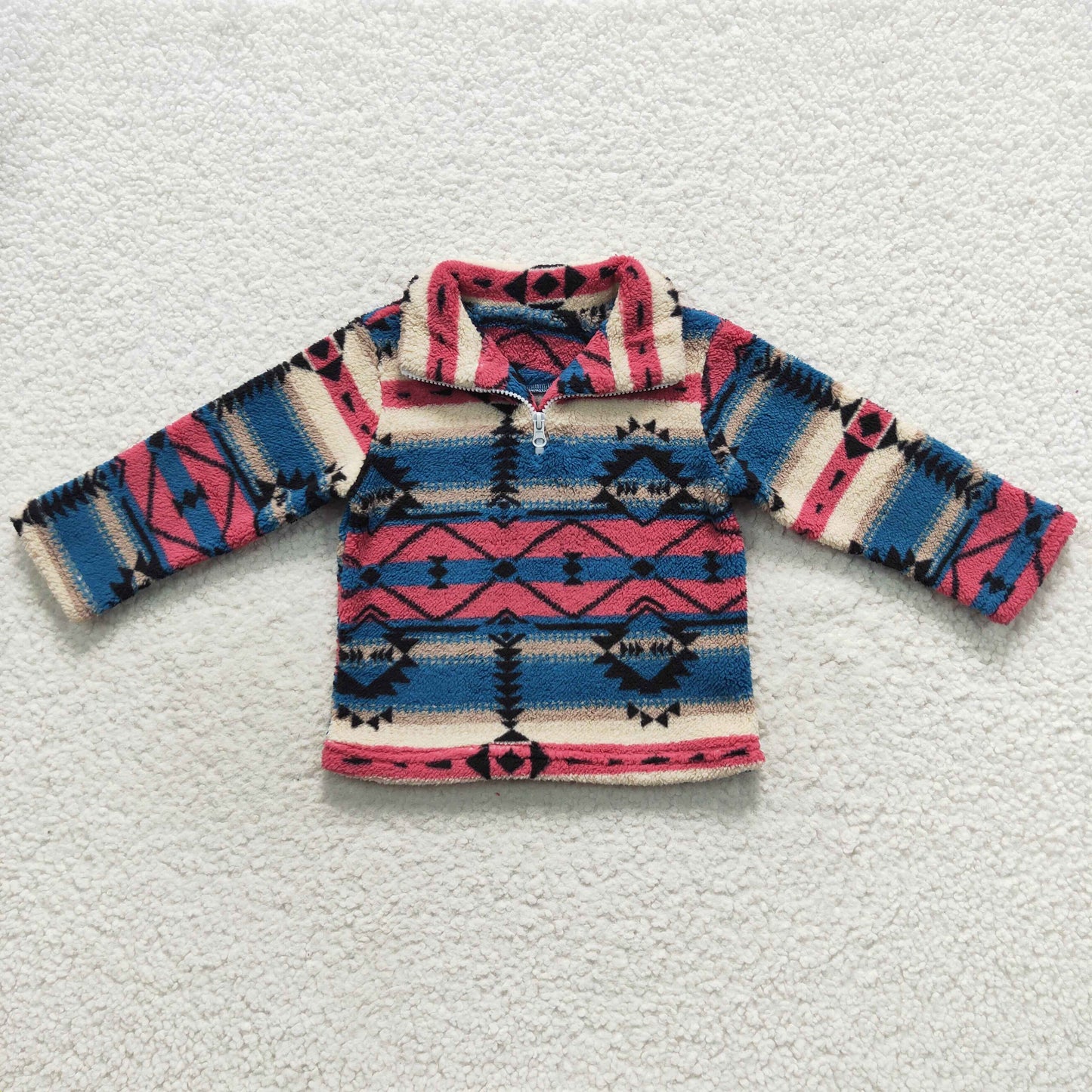 BT0353 Red Blue Aztec Print Zip Winter Thick Pullover Kids Sherpa Western Top