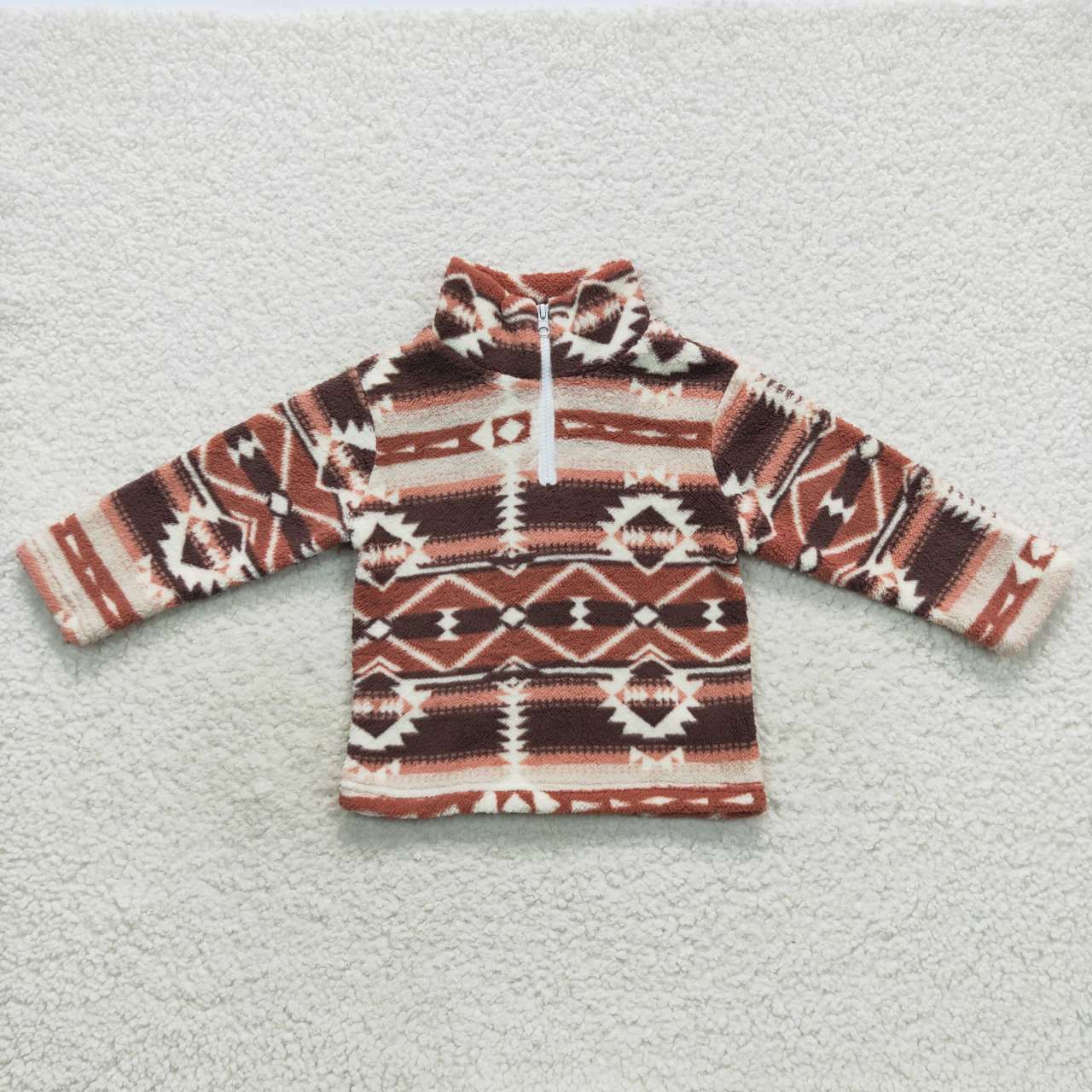 BT0369 Brown Aztec Print Zip Winter Thick Pullover Kids Sherpa Western Top
