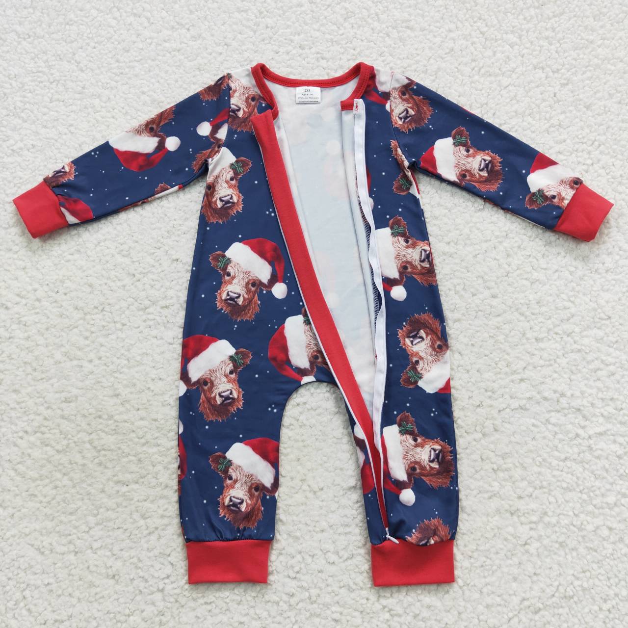 LR0597 Highland cow print baby Christmas zipper romper