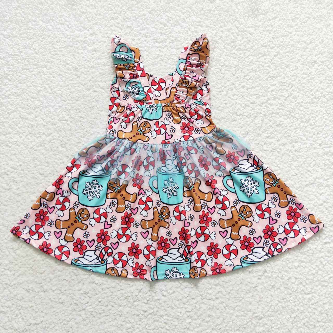 GSD0473 Christmas cup gingersnap candy print girls tulle knee length dress