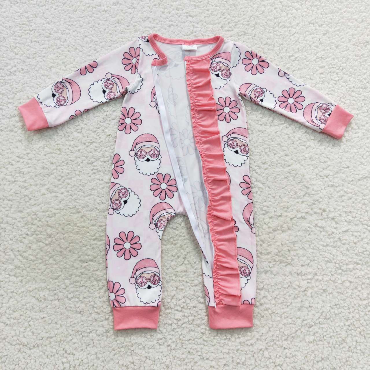 LR0615 Pink Santa and flowers baby girls Christmas zipper romper