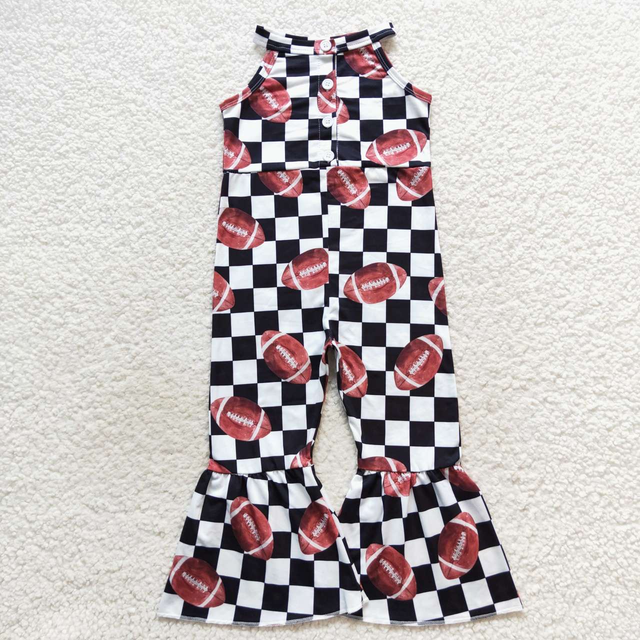 SR0445 Black plaid football print baby girls bell bottom jumpsuit