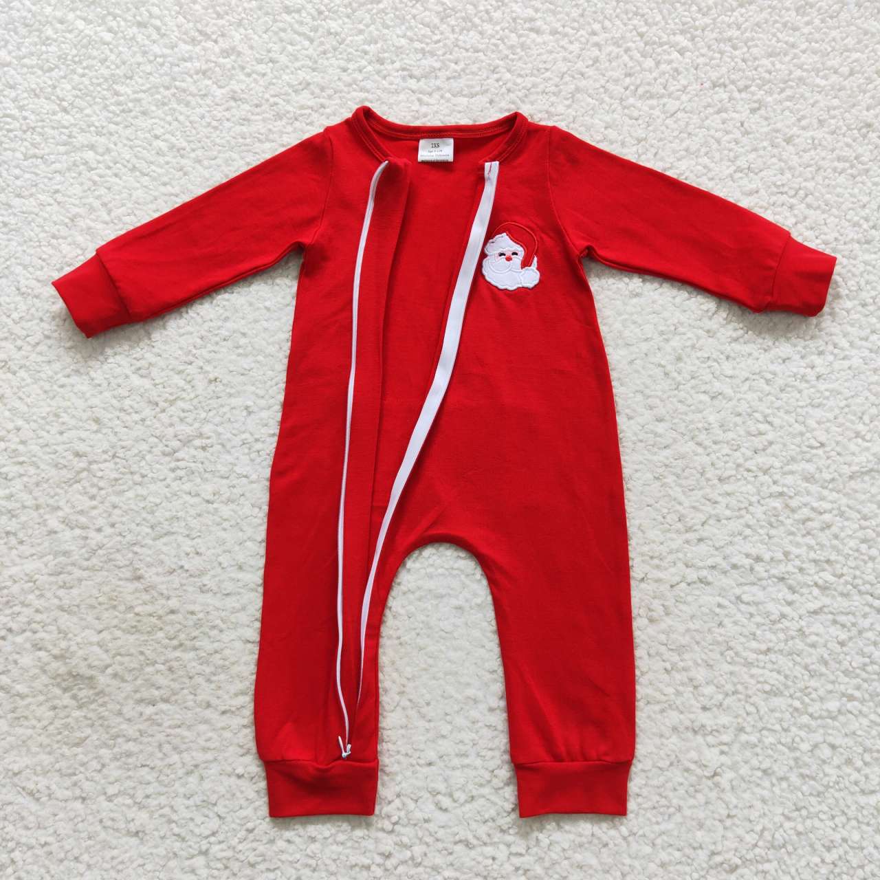 LR2052 Red Christmas Santa Embroidery Print Cotton Baby Boys Sleeper Zipper Romper