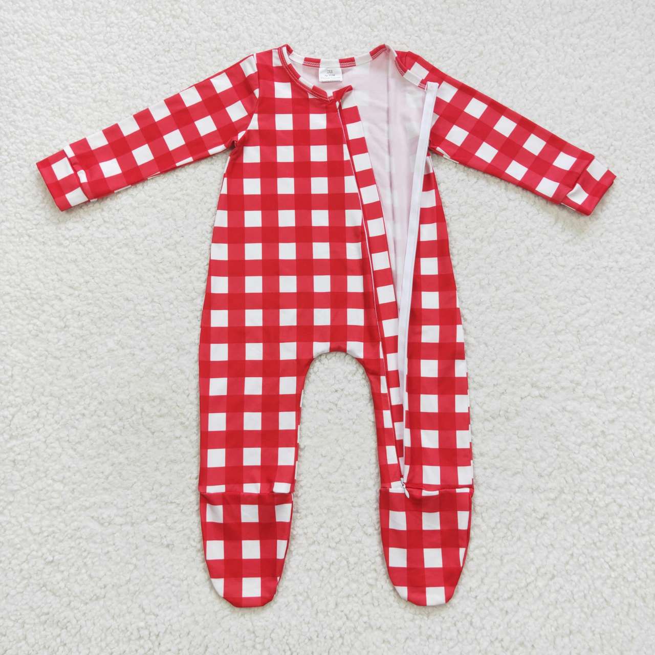 LR0549 Red plaid print baby footed Christmas zipper romper