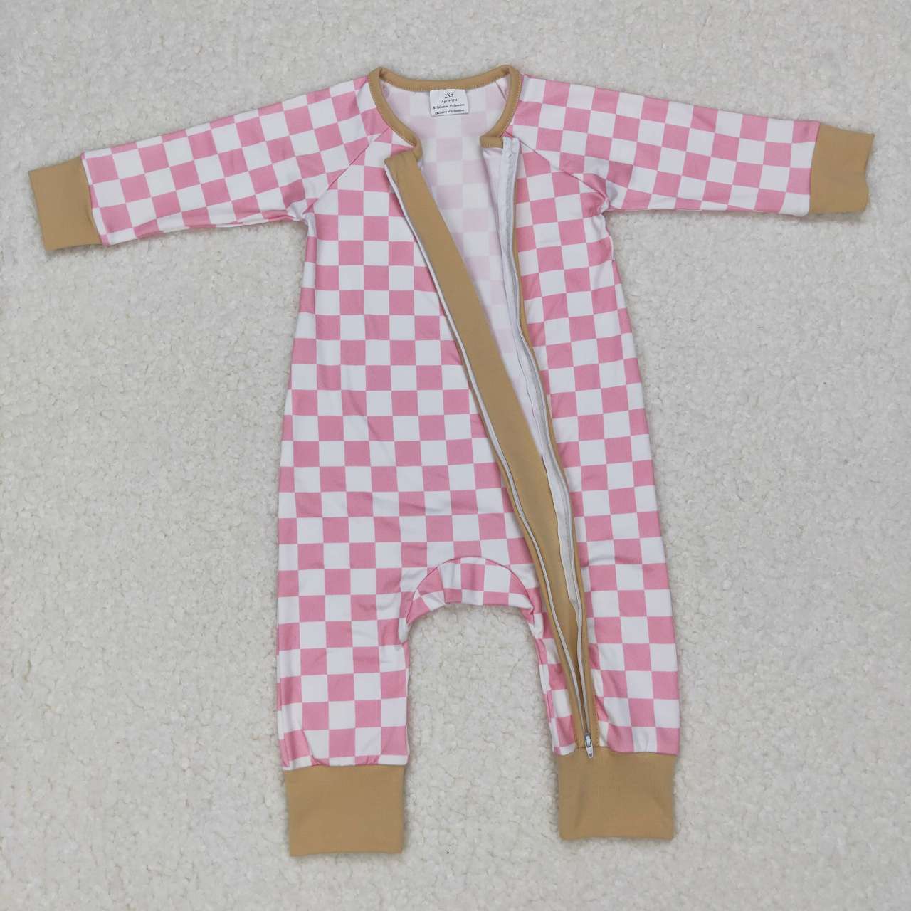 LR0731 Pink Plaid Print Baby Girls Zipper Sleeper Romper