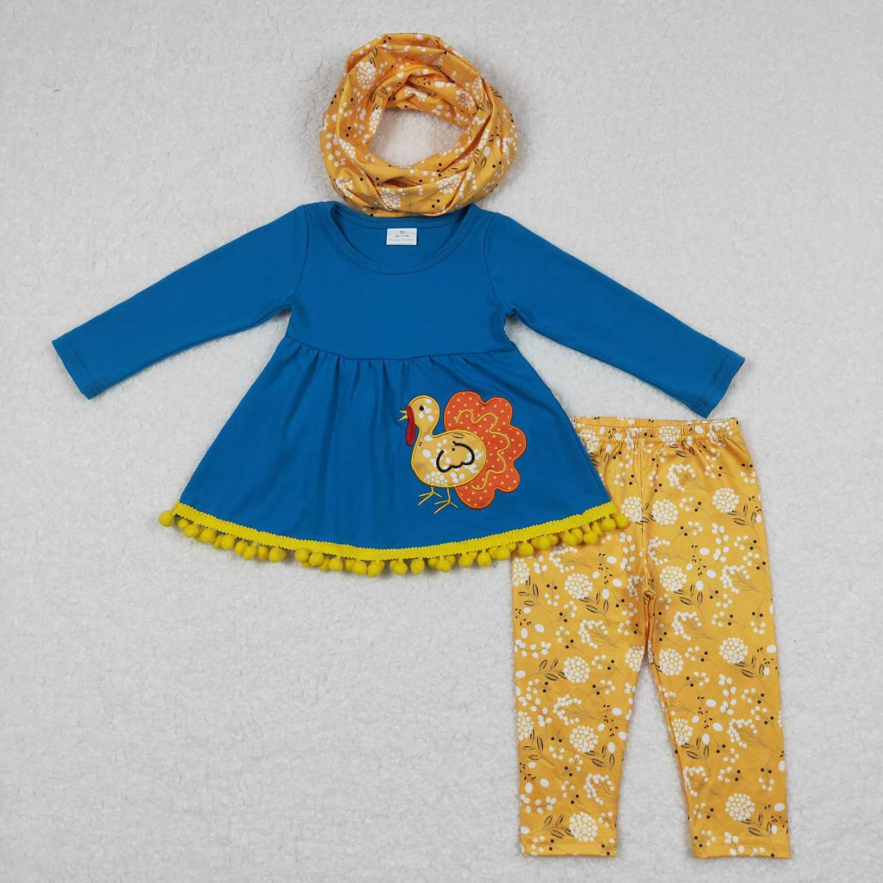 GLP0720 Blue Chicken Embroidery Print Tunic Top Mustard Floral Legging Pants Girls Fall 3 Pieces Clothes Set