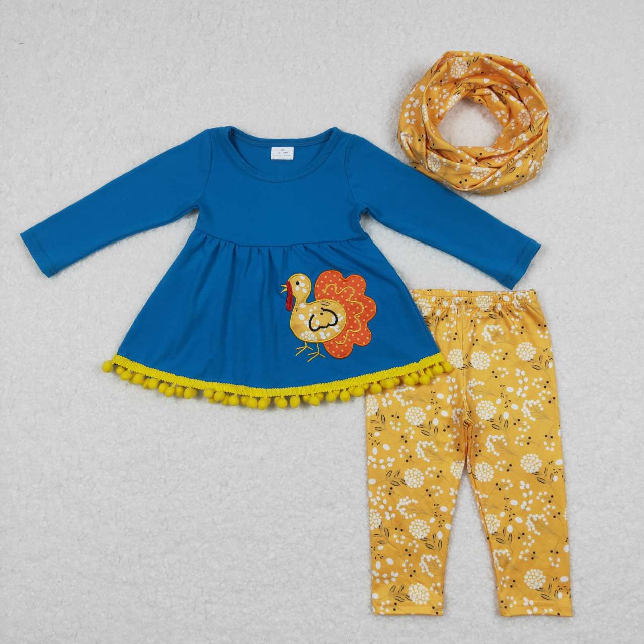 GLP0720 Blue Chicken Embroidery Print Tunic Top Mustard Floral Legging Pants Girls Fall 3 Pieces Clothes Set