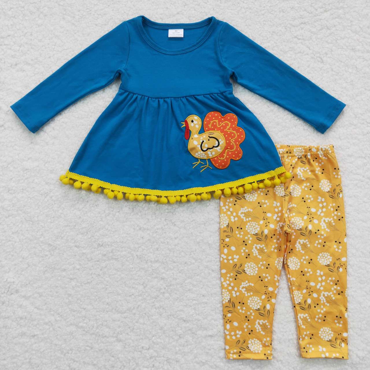 GLP0720 Blue Chicken Embroidery Print Tunic Top Mustard Floral Legging Pants Girls Fall 3 Pieces Clothes Set