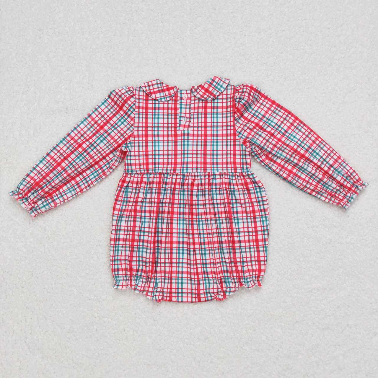 LR0571 Green Red Plaid Santa Gift Embroidery Smocked Baby Girls Bubble Romper