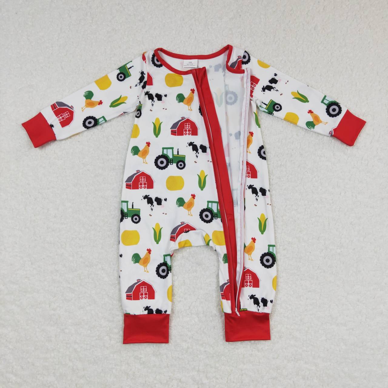 LR0672 Red Farm Animals Print Baby Boys Sleeper Zipper Romper