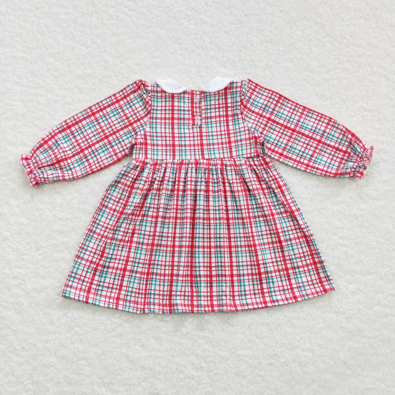 GLD0300 Long Sleeve Plaid Christmas Embroidery Smocked Knee Length Dress