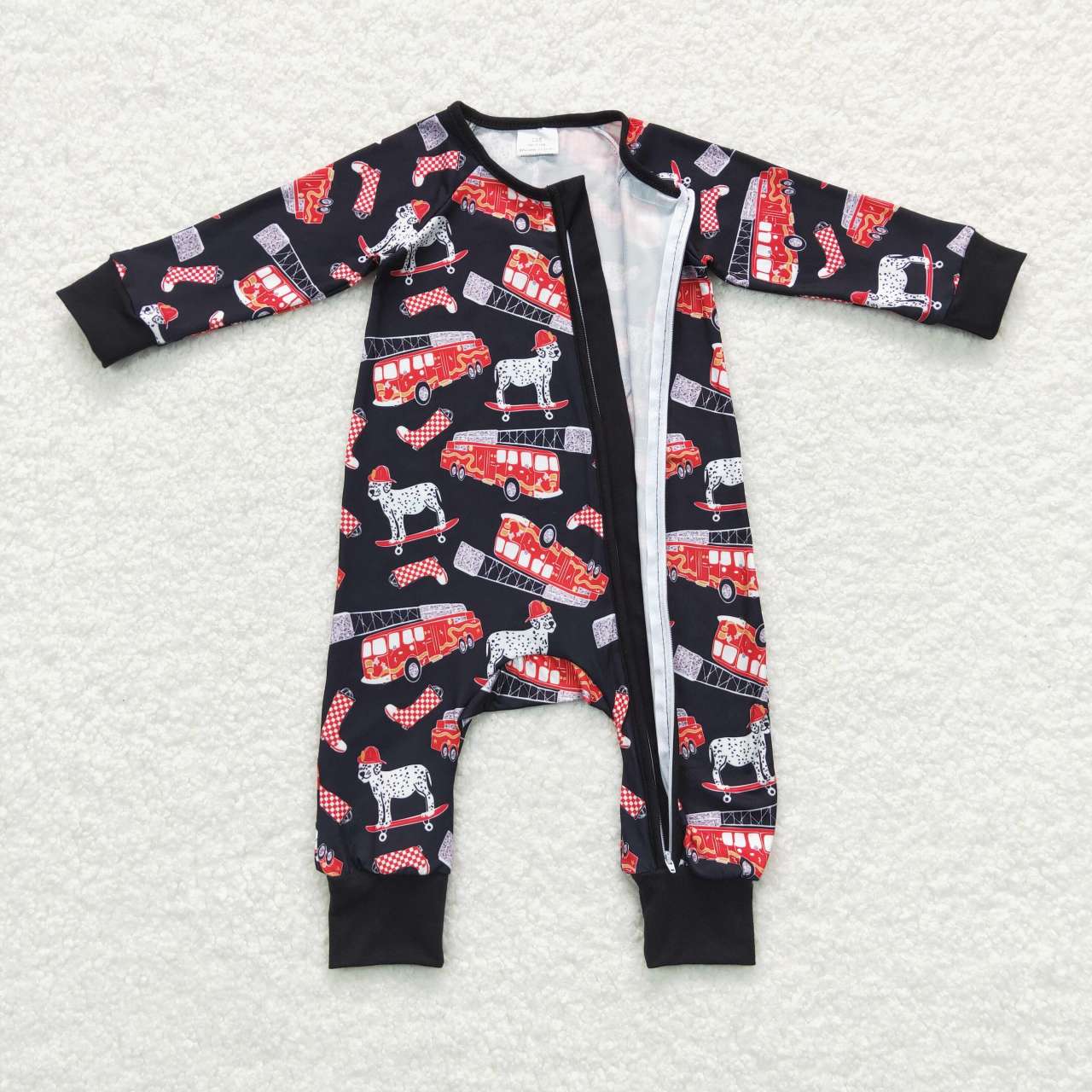 LR0735 Fire Fighting Truck Dog Print Baby Boys Sleeper Zipper Romper