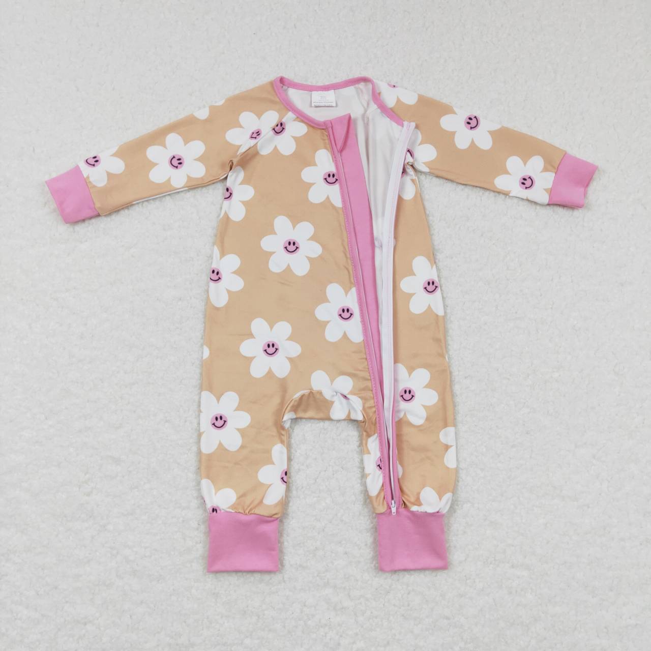 LR0732 Pink Mustard Flowers Print Baby Girls Zipper Sleeper Romper