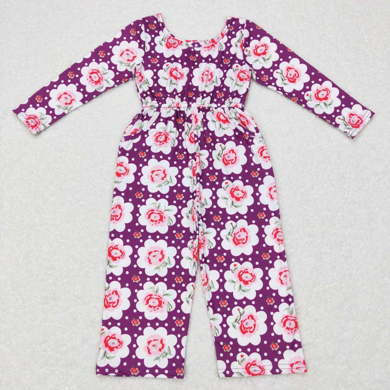 LR0716 Purple Flowers Print Baby Girls Jumpsuit