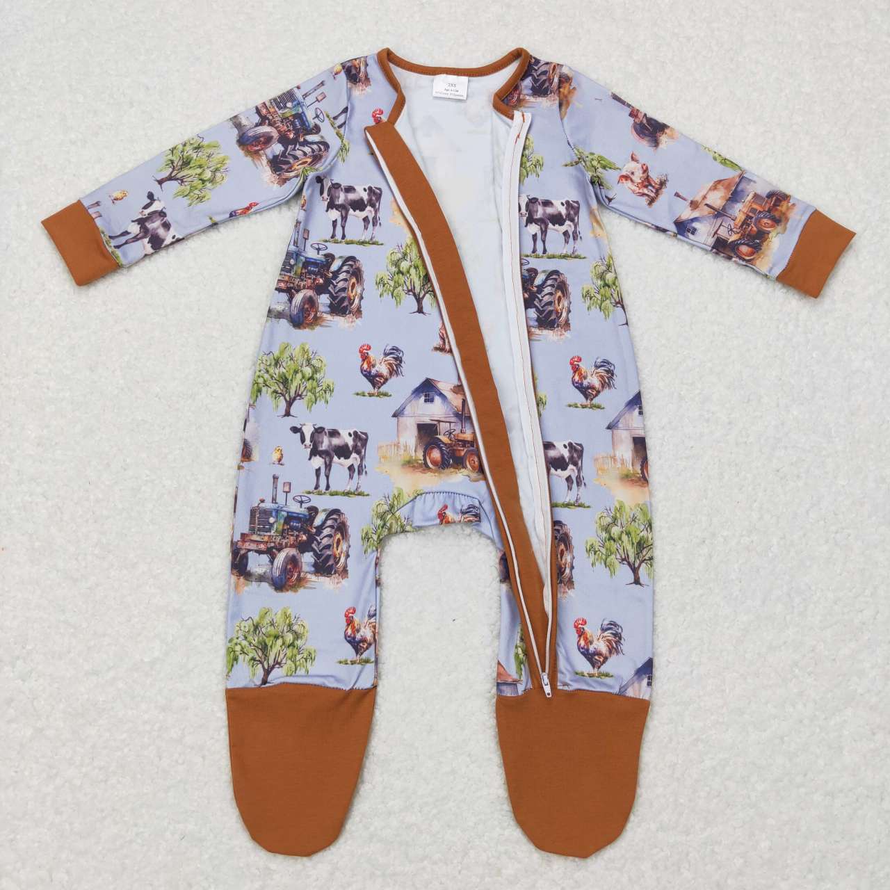 LR0632 Farm Animal Tractors Print Baby Boys Sleeper Footed Zipper Romper